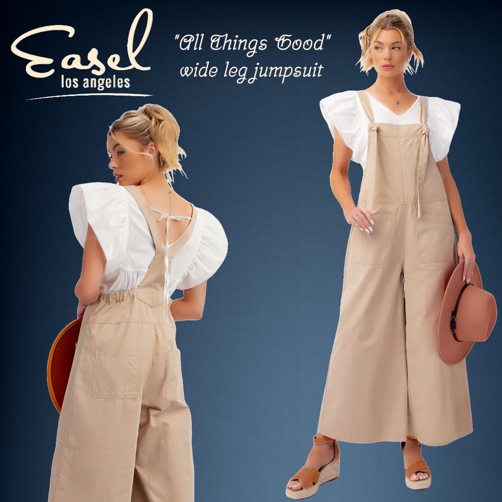 EASEL “All Good Things” Loose Fit All Cotton Overalls Tie Straps Wide Leg Pocket